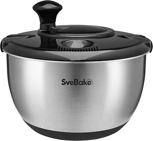 svebake 4.8qt stainless steel salad spinner crank design black lid